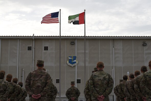 Members of the 380th Air Expeditionary Wing gather for a monthly retreat ceremony on Al Dhafra Air Base, United Arab Emirates, April 5, 2019.
