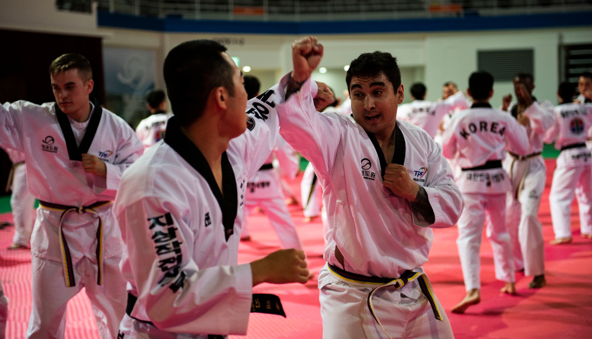 Members from the United States Forces-Korea, practice combatives with Republic of Korea Army soldiers during a Korean Ministry of Defense tour at Muju, Republic of Korea, April 9, 2019. The MND Taekwondo camp gave U.S. service members a chance to practice Taekwondo and learn about its history and importance to Korean culture. (U.S. Air Force photo by Senior Airman Stefan Alvarez)
