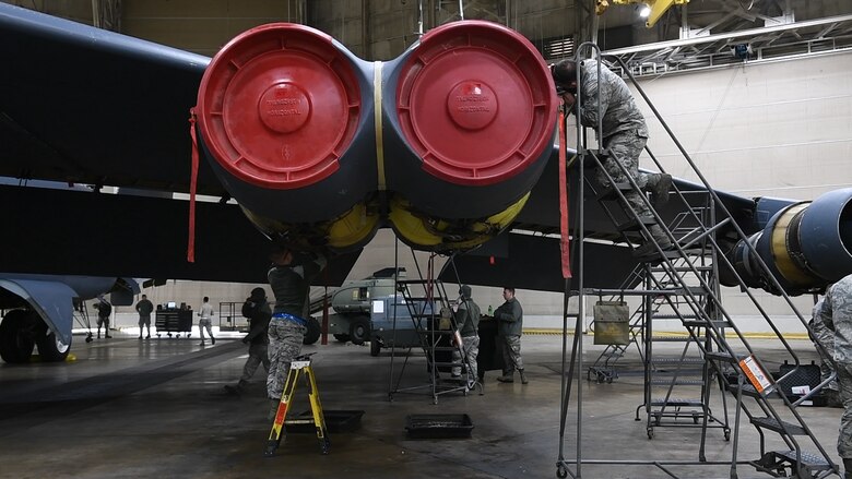 Airmen from the 2nd Maintenance Group work on a B-52 Stratofortress during a phase inspection at Barksdale Air Force Base, La., March 4, 2019.