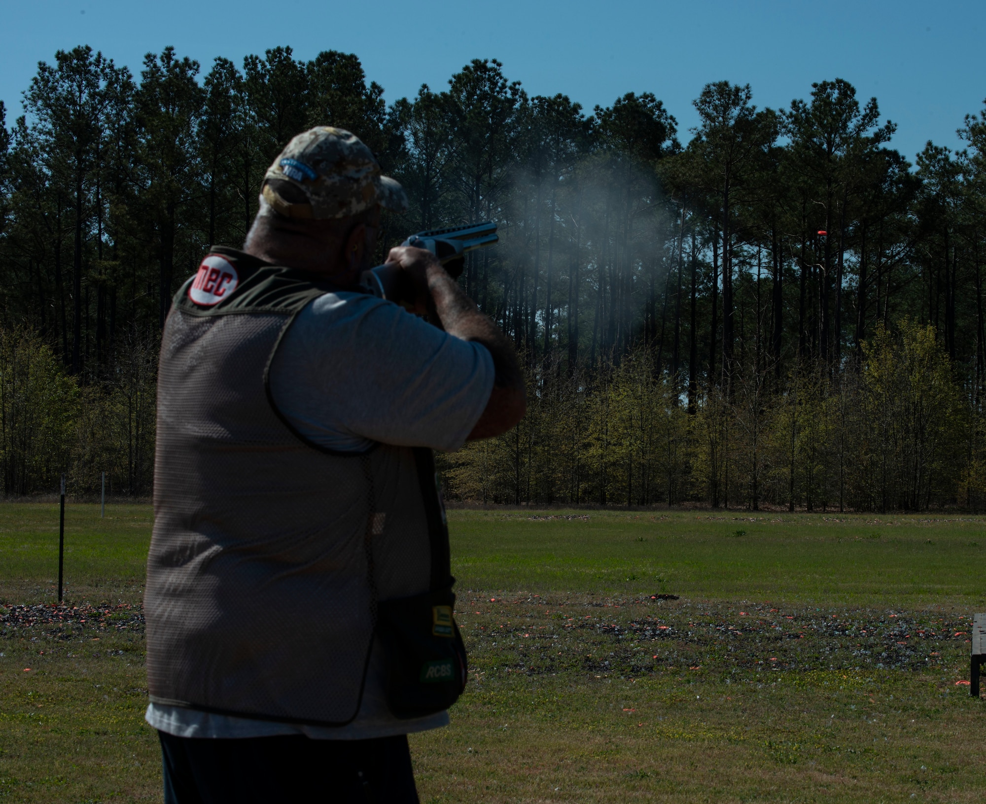 Mark Cordener, Amateur Trapshooting Association (ATA) member, 20th Force Support Squadron Trap and Skeet Range safety officer, shoots a clay target as part of a shooting event at Shaw Air Force Base, S.C., April 4, 2019.