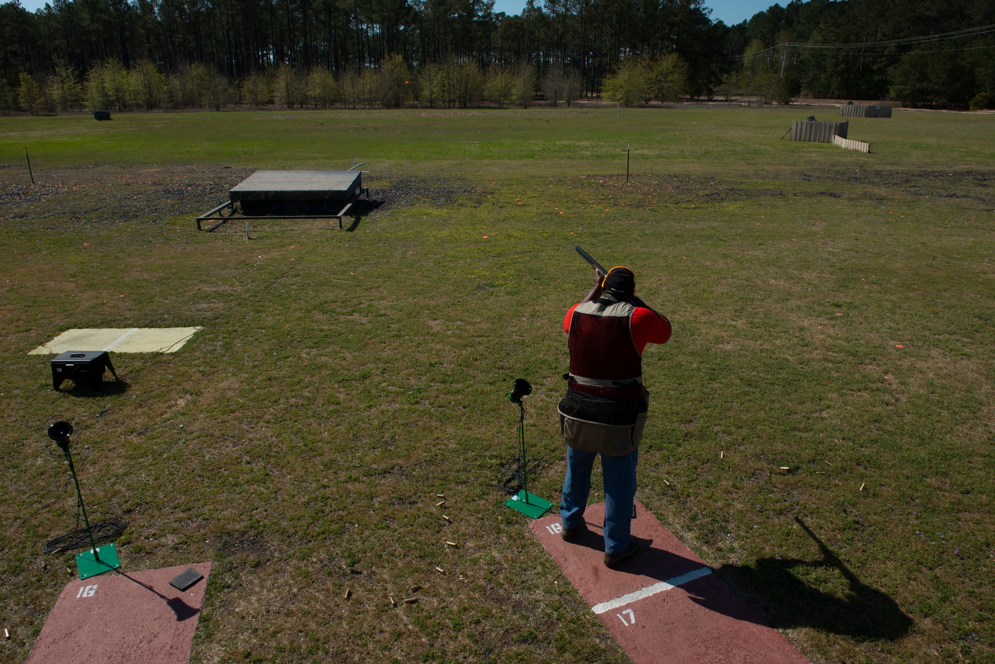 Chris Simon, Amateur Trapshooting Association (ATA) member, aims his shotgun in preparation for a clay target at the 20th Force Support Squadron Trap and Skeet Range, Shaw Air Force Base, S.C., April 4, 2019.