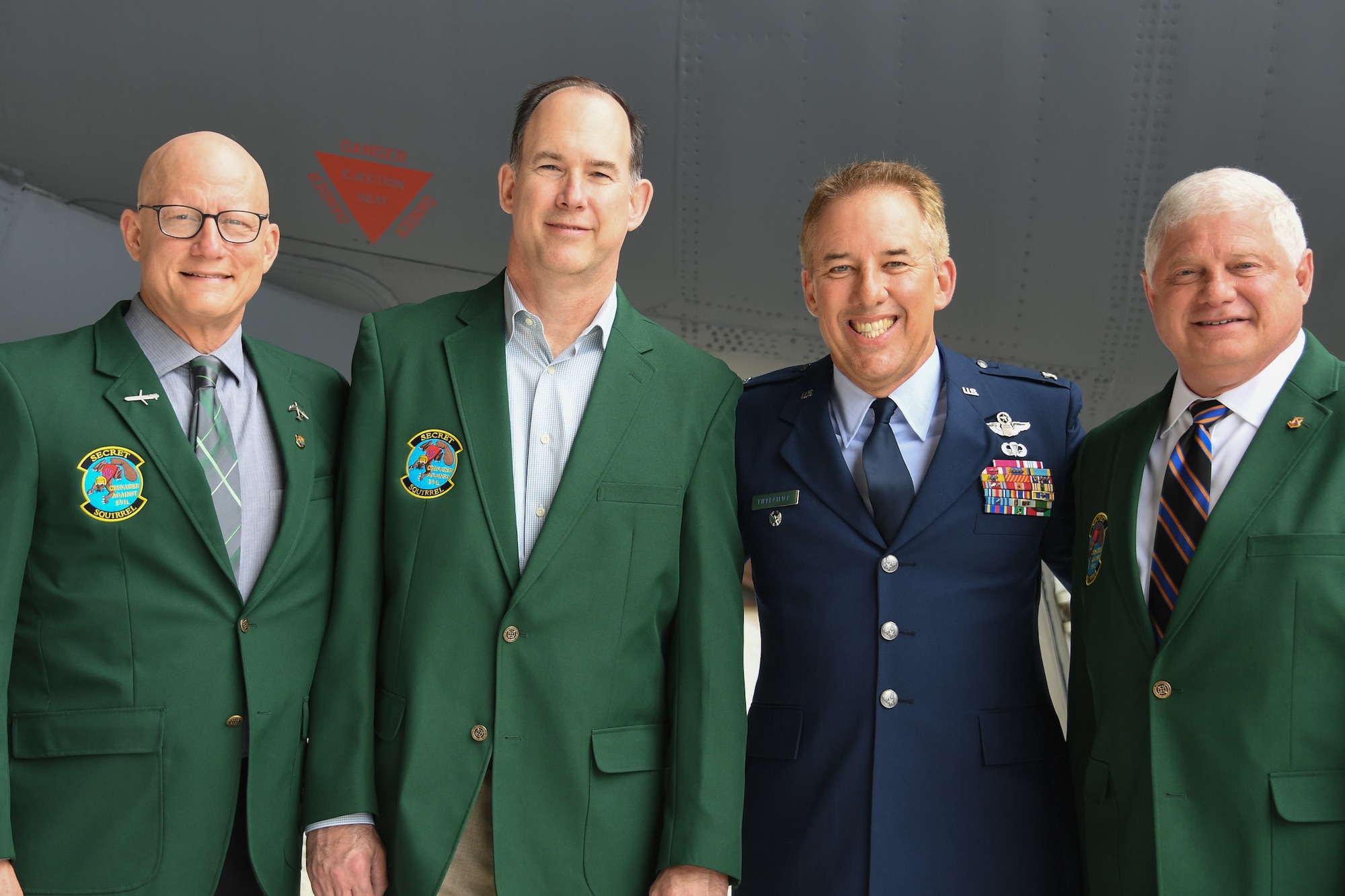 U.S. Air Force Col. Steven Kirkpatrick, 307th Bomb Wing commander, greets fellow Secret Squirrels during his induction as wing commander at Barksdale Air Force Base, Louisiana, April 7, 2019.  The Secret Squirrels, B-52 Stratofortress aviators, opened up Operation Desert Storm in 1991.  Kirkpatrick is the last of the group still serving in the military. (U.S. Air Force photo by Airman 1st Class Maxwell Daigle)