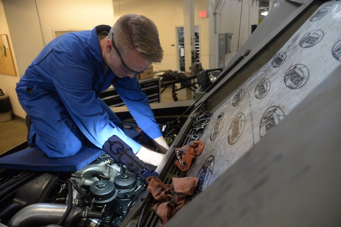 Airman 1st Class Joshua Byers, 341st Logistics Readiness Squadron vehicle mechanic, troubleshoots a BearCat engine bay April 9, 2019, at Malmstrom Air Force Base, Mont.