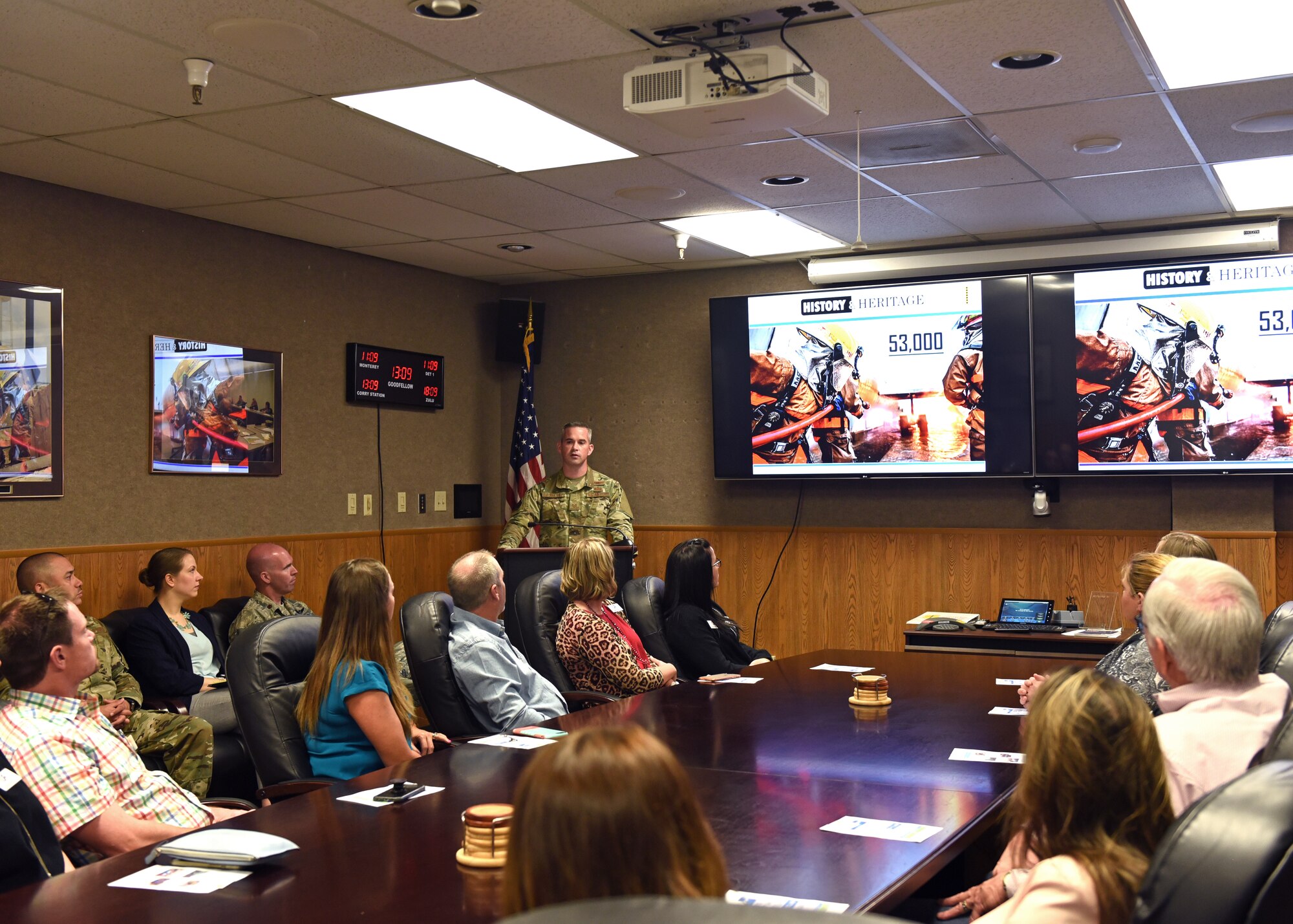 U.S. Air Force Tech. Sgt. Paul Forsythe, 316th Training Squadron instructor, gives a wing mission brief to the Leadership San Angelo class in Brandenburg Hall during their tour of Goofellow Air Force Base, Texas, April 11, 2019. The brief provided information for the group about the base and showed them what to expect during their tour. (U.S. Air Force photo by Airman 1st Class Zachary Chapman/Released)