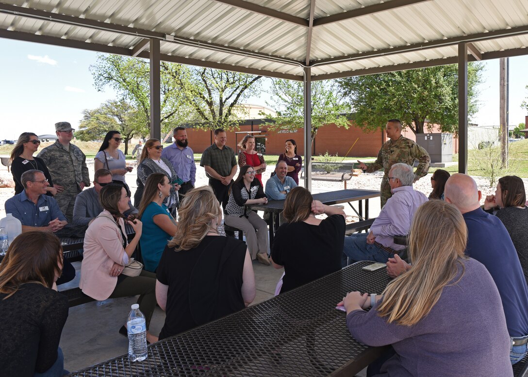 U.S. Air Force Lt. Col. Abraham Salomon, 17th Training Group deputy commander, answers questions from the Leadership San Angelo class during their tour of Goodfellow Air Force Base, Texas, April 11, 2019. The Leadership San Angelo program provides individuals the chance to develop their community knowledge by attending a series of 10 one-day sessions, one of which includes Goodfellow. (U.S. Air Force photo by Airman 1st Class Zachary Chapman/Released)