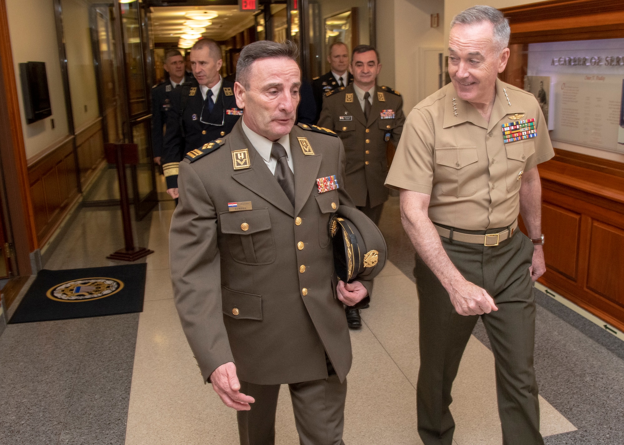 Chairman of the Joint Chiefs of Staff Gen. Joe Dunford hosts Croatian Chief of Defense Gen. Mirko Sundov for an official visit in the Pentagon, Washington D.C., April 15, 2019.