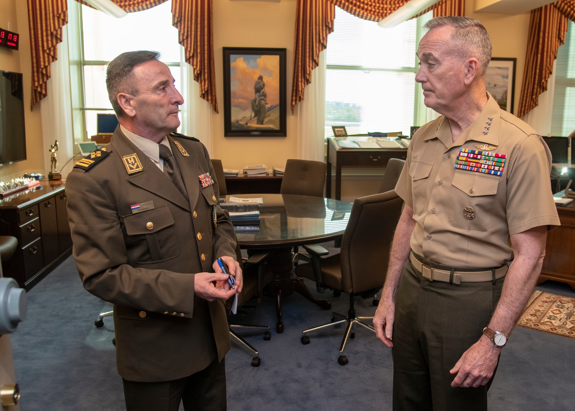 Chairman of the Joint Chiefs of Staff Gen. Joe Dunford hosts Croatian Chief of Defense Gen. Mirko Sundov for an official visit in the Pentagon, Washington D.C., April 15, 2019.