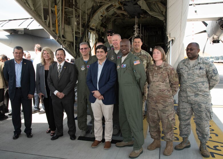 Costa Rican President Carlos Alvarado Quesada met with the U.S. Air Force Reserve Hurricane Hunters April 10, 2019, at the Juan Santamaria International Airport, San Jose, Costa Rica during the Caribbean Hurricane Awareness Tour. During the event the NOAA hurricane specialists and Reserve Citizen Airmen of the 53rd Weather Reconnaissance Squadron discussed hurricane preparedness, resilience and how they can become “weather-ready” during the event April 8-13, 2019.  As part of the event, dignitaries, students and the public toured the Air Force Reserve Command’s WC-130J “Hurricane Hunter” aircraft to learn how scientists collect hurricane information. (U.S. Air Force photo/Lt. Col. Marnee A.C. Losurdo)