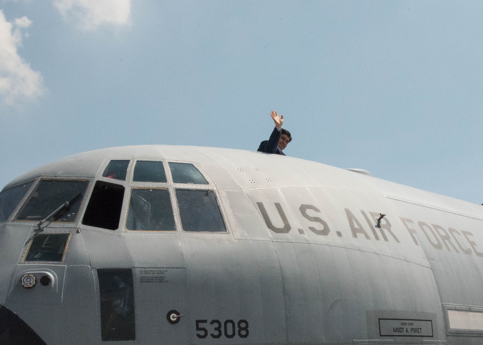 The Costa Rican President Carlos Alvarado Quesada met with NOAA hurricane specialists and the U.S. Air Force Reserve Hurricane Hunters during the 2019 Caribbean Hurricane Awareness Tour April 10, 2019 at the Juan Santamaria International Airport, San Jose, Costa Rica. As part of the event, dignitaries, students and the public toured the Air Force Reserve Command’s WC-130J “Hurricane Hunter” aircraft to learn how scientists collect hurricane information. (U.S. Air Force photo/Lt. Col. Marnee A.C. Losurdo)