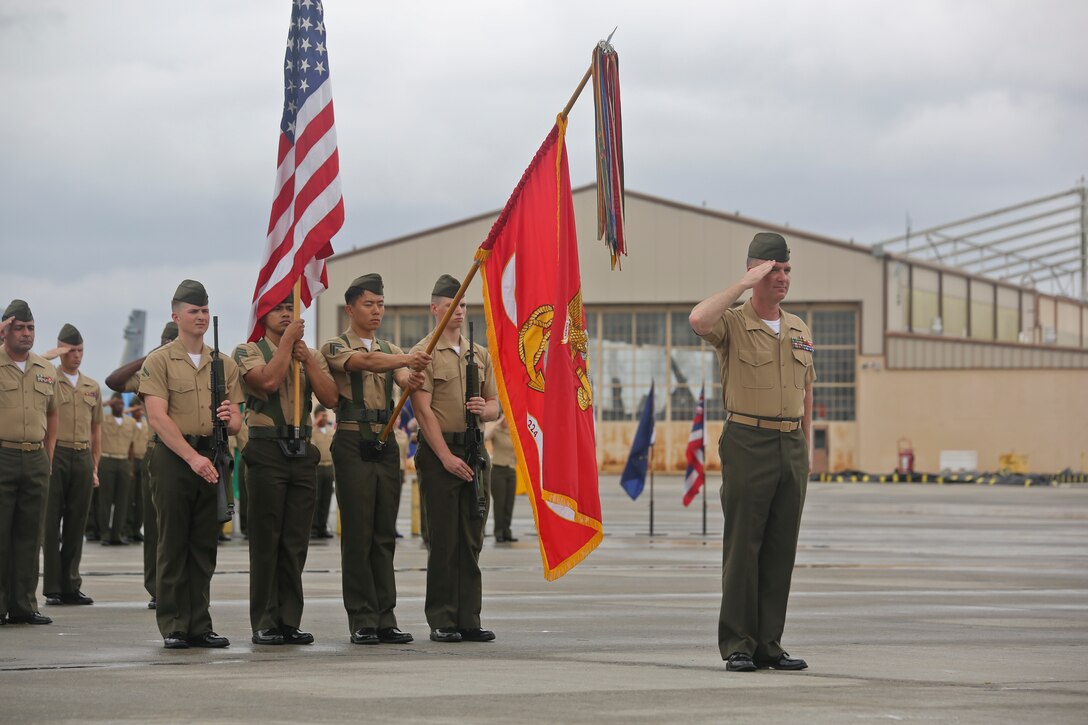 Sgt. Maj. Michael Lambert salutes the retiring officer during  Marine All Weather Fighter Attack Squadron 224's relief and appointment ceremony aboard Marine Corps Air Station Beaufort, April 12. During the ceremony, Lambert was relieved of his duties as sergeant major of VMFA(AW)-224 by Sgt. Maj. Jorge A. Guerrero.
