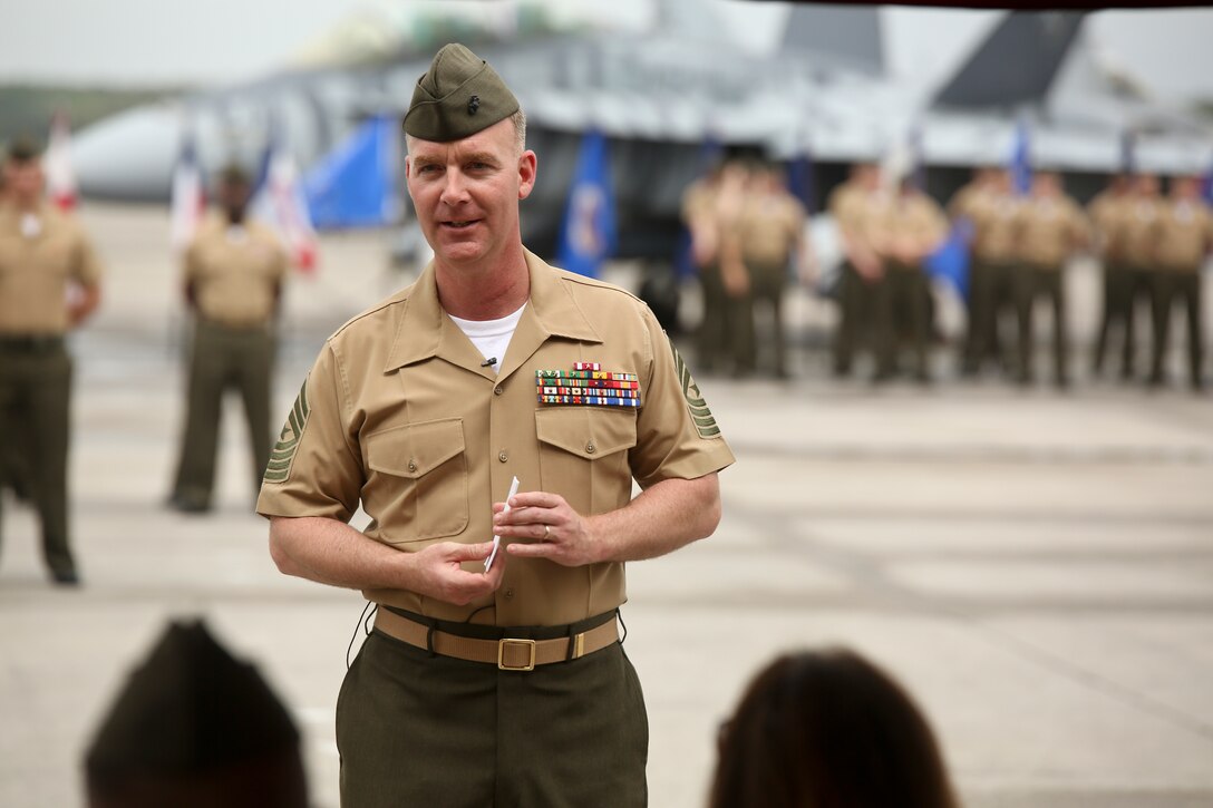 Sgt. Maj. Michael Lambert addresses the crowd during relief and appointment aboard Marine Corps Air Station Beaufort, April 12. After the ceremony, Lambert retired after 23 years of service.