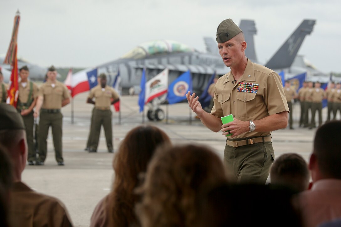 Lt. Col. David Mills speaks during Sgt. Maj. Michael Lambert's retirement aboard Marine Corps Air Station Beaufort, April 12. Lambert retired after 23 years of service to the Marine Corps.