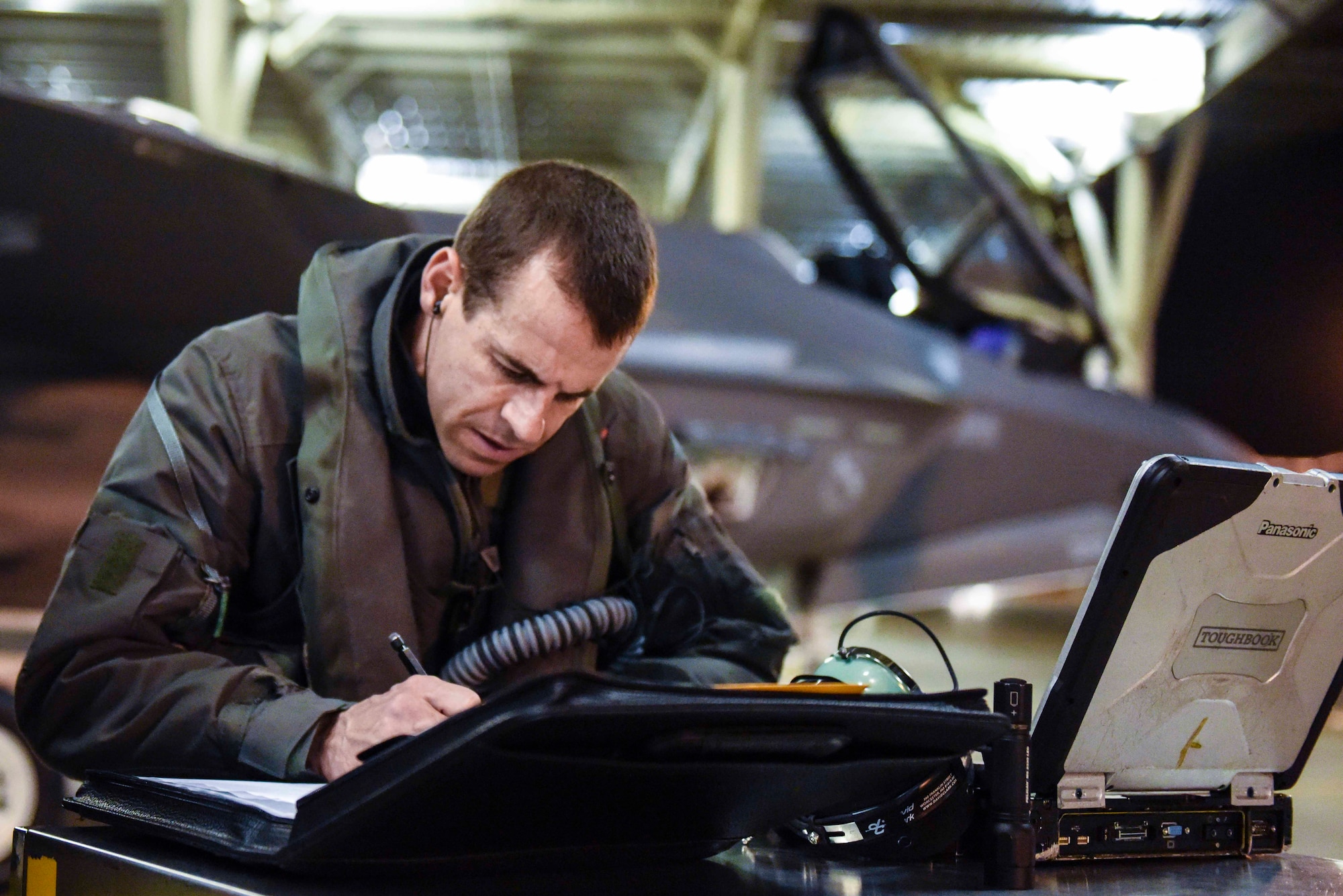 Lt. Col. Shad “Polo” Stromberg, F-35 pilot in the 419th Fighter Wing, runs a pre-flight check prior to takeoff for a nighttime deployment departure to Al Dhafra Air Base, United Arab Emirates from Hill Air Force Base, Utah last week