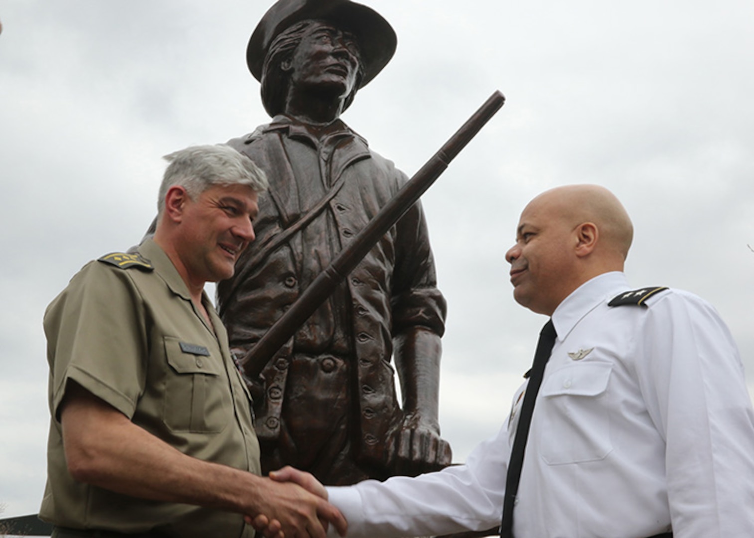 Maj. Gen. John C. Harris Jr., right, Ohio adjutant general, shakes hands with Col. Saša Milutinović, chief of religion section of the Serbian Armed Forces, April 5, 2019, at the Maj. Gen. Robert S. Beightler Armory in Columbus, Ohio. This was Milutinović’s first visit to Ohio, as part of the Ohio-Serbia pairing through the State Partnership Program.