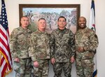 Brig. Gen. Russell Crane, Assistant Adjutant General – Army, Maj. Gen. James Hoyer, Adjutant General of the West Virginia National Guard, and Brig. Gen. Christopher “Mookie” Walker, Assistant Adjutant General – Air, pose for a group photo with Maj. Gen. Luis Gutiérrez, Delegate to the Inter-American Board (IADB) of Defense Organization of the United States, during his visit to West Virginia Apr. 10, 2019. Gutiérrez’s visit is part of the State Partnership Program (SPP) between West Virginia and Perú which fosters interagency engagements especially in the areas of counter-insurgency, anti-terrorism, emergency preparedness, risk mitigation, and disaster response and recovery. (U.S. Army National Guard photo by Bo Wriston)