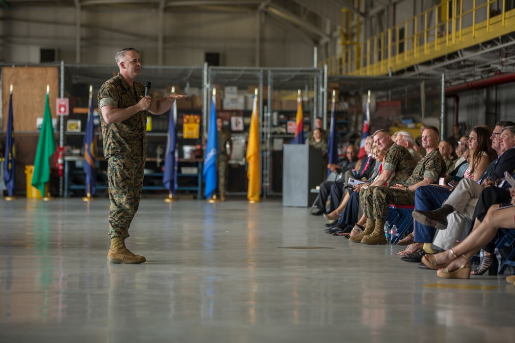 Brig. Gen. Timothy L. Adams, commanding general, 4th Marine Aircraft Wing, addresses the audience at the 4th MAW change of command ceremony at Naval Air Station Joint Reserve Base New Orleans on April 13, 2019. Maj. Gen. Bradley S. James, commander, Marine Forces Reserve and Marine Forces North, exchanged command of 4th MAW with Brig. Gen. Timothy L. Adams after holding all three billets in an interim status. (U.S. Marine Corps photo by Lance Cpl. Preston L. Morris)