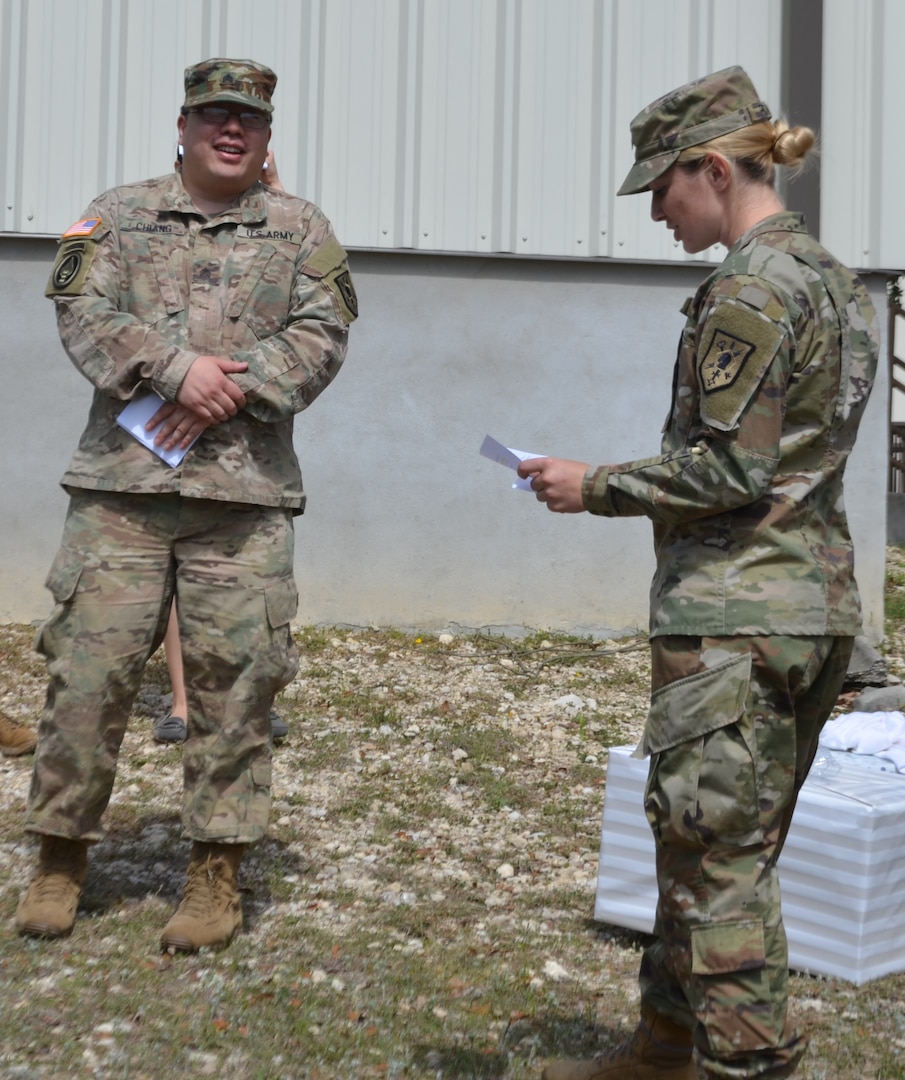 Sgt. Justin Chiang (left) and Spc. Danielle Powers (right), members of the 549th Military Intelligence Battalion, act in a skit about a military couple dealing with financial issues at a resiliency event on Joint Base San Antonio-Camp Bullis conducted by the Vogel Resiliency Center April 12.
