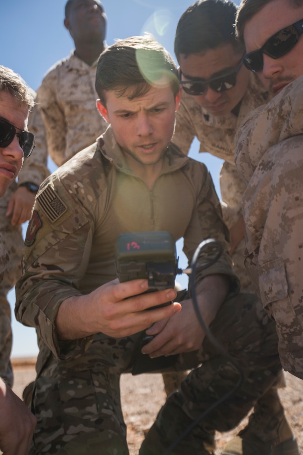U.S. Marines with 4th Air Naval Gunfire Liaison Company listen to a class on nine-line medical evacuation procedures and calling close-air support during exercise African Lion 2019 at Greir Labouihi range, Morocco, March 27, 2019. African Lion 2019 is an annual, combined-multilateral exercise designed to improve interoperability and mutual understanding of each nation’s tactics, techniques and procedures while demonstrating a strong partnership between nation’s militaries. (U.S. Marine Corps photo by Cpl. Niles Lee)