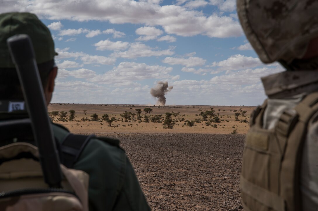 U.S. Marines and Airmen drop ordnance with Moroccan troops at Greir Labouihi