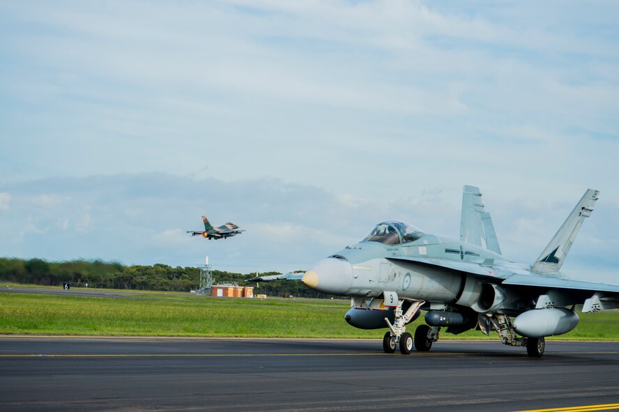 A U.S. Air Force F-16 Fighting Falcon assigned to the 18th Aggressor Squadron (AGRS) based out of Eielson Air Force Base, Alaska, takes off from Royal Australian Air Force Base Williamtown during Diamond Shield 2019, March 26, 2019. Diamond shield brings U.S. and Australian air force units together to support joint operations as part of the RAAF Air Warfare Instructor Course (AWIC). Similar to weapons school for U.S. Air Force pilots, the AWIC trains Airmen on valuable tactics, techniques and procedures necessary for aerial operations. Diamond Shield aims to test AWIC students as well as provide an opportunity to integrate with U.S. Air Force assets and Airmen. The AGRS provides the premiere adversary support necessary to test the students ability during Diamond Shield. (U.S. Air Force photo By Senior Airman Isaac Johnson)