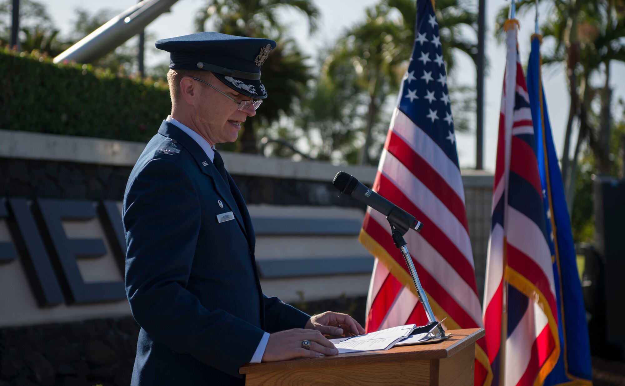 Col. Halsey Burks, 15th Wing commander, gives the opening comments during a memorial service held for retired Master Sgt. Byram Bates at the Missing Man Memorial on Joint Base Pearl Harbor-Hickam, Hawaii, April 12, 2019. The memorial service gave Airmen an opportunity to recognize and remember Bates, and his actions during the attack on Dec. 7, 1941. (U.S. Air Force photo by Tech. Sgt. Heather Redman)