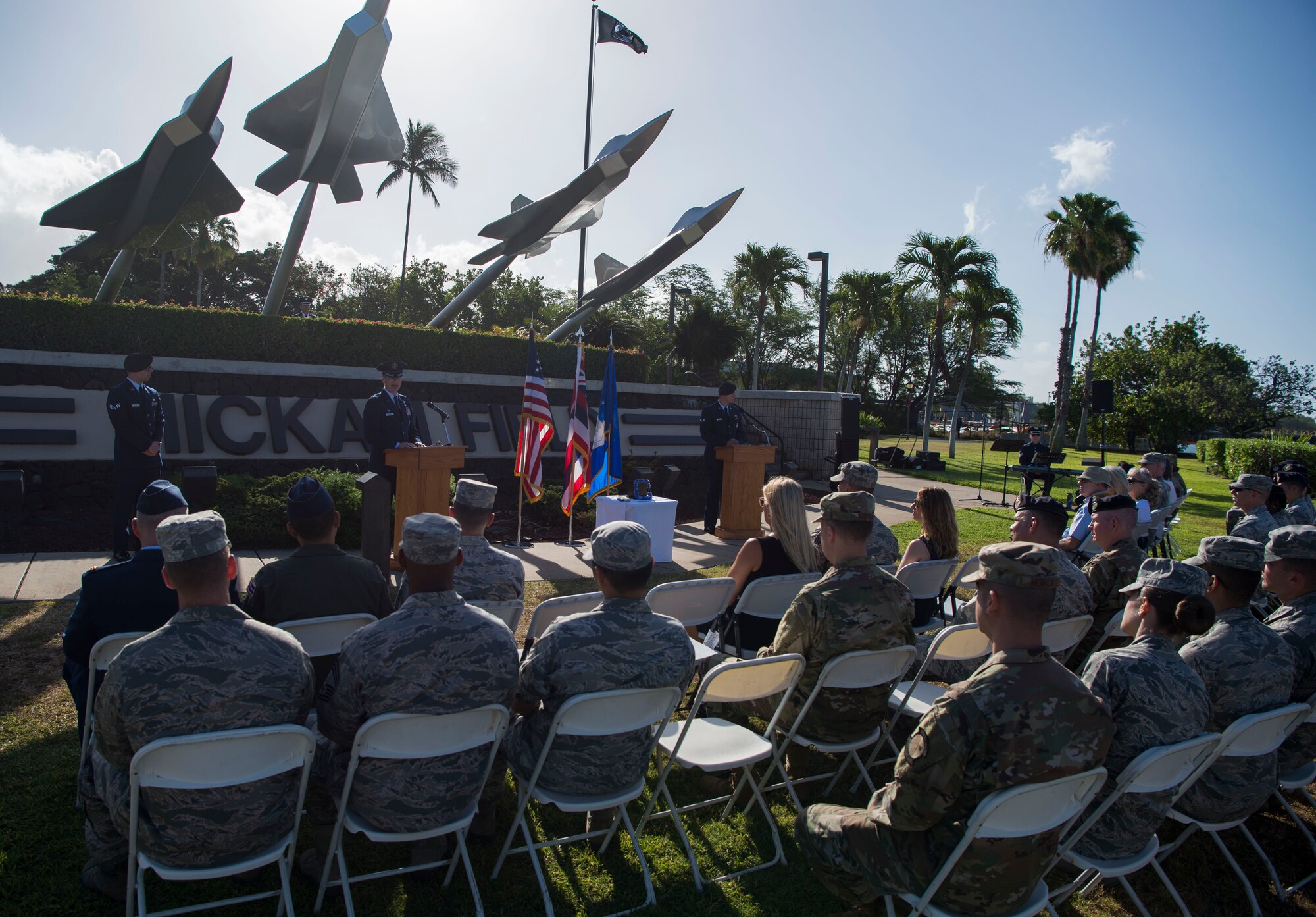 Col. Halsey Burks, 15th Wing commander, gives the opening comments during a memorial service held for retired Master Sgt. Byram Bates at the Missing Man Memorial on Joint Base Pearl Harbor-Hickam, Hawaii, April 12, 2019. The memorial service gave Airmen an opportunity to recognize and remember Bates, and his actions during the attack on Dec. 7, 1941. (U.S. Air Force photo by Tech. Sgt. Heather Redman)