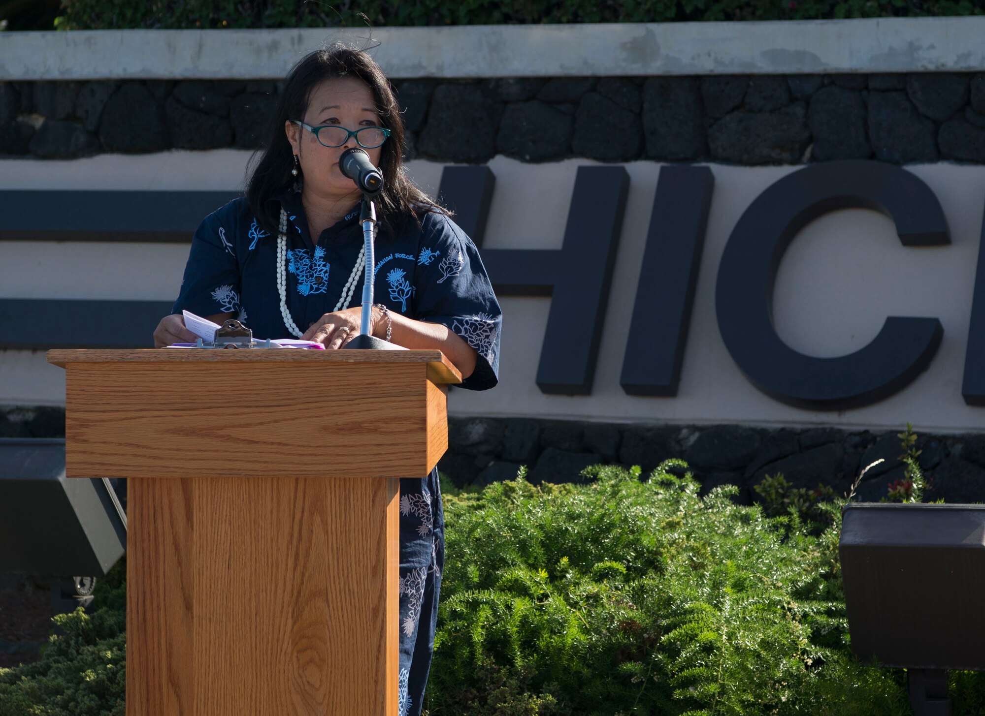 Jessie Higa, a Hickam Field historian, expresses the importance of remembering the past during a memorial service held for retired Master Sgt. Byram Bates at the Missing Man Memorial on Joint Base Pearl Harbor-Hickam, Hawaii, April 12, 2019. Bates was a survivor of the attack on Dec. 7, 1941, and was an active member of the Pearl Harbor Survivors Association until his death in 2007. (U.S. Air Force photo by Tech. Sgt. Heather Redman)