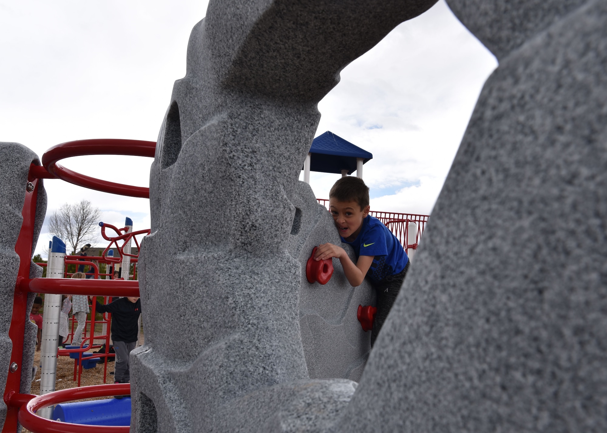 Reagan plays on a rock wall during recess, April 15, 2019, in Cheyenne, Wyo. Since 9/11, more than two million children have had a parent deploy, the moth of the military child is used as a time to recognize the difficulties kids face during those times. (U.S. Air Force photo by Airman 1st Class Braydon Williams)