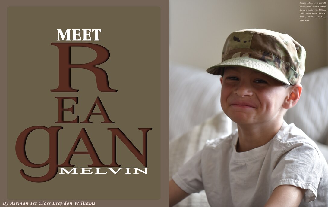 Reagan Melvin, seven-year-old military child, holds in a laugh during a Month of the Military Child photo shoot, April 6, 2019, on F.E. Warren Air Force Base, Wyo.