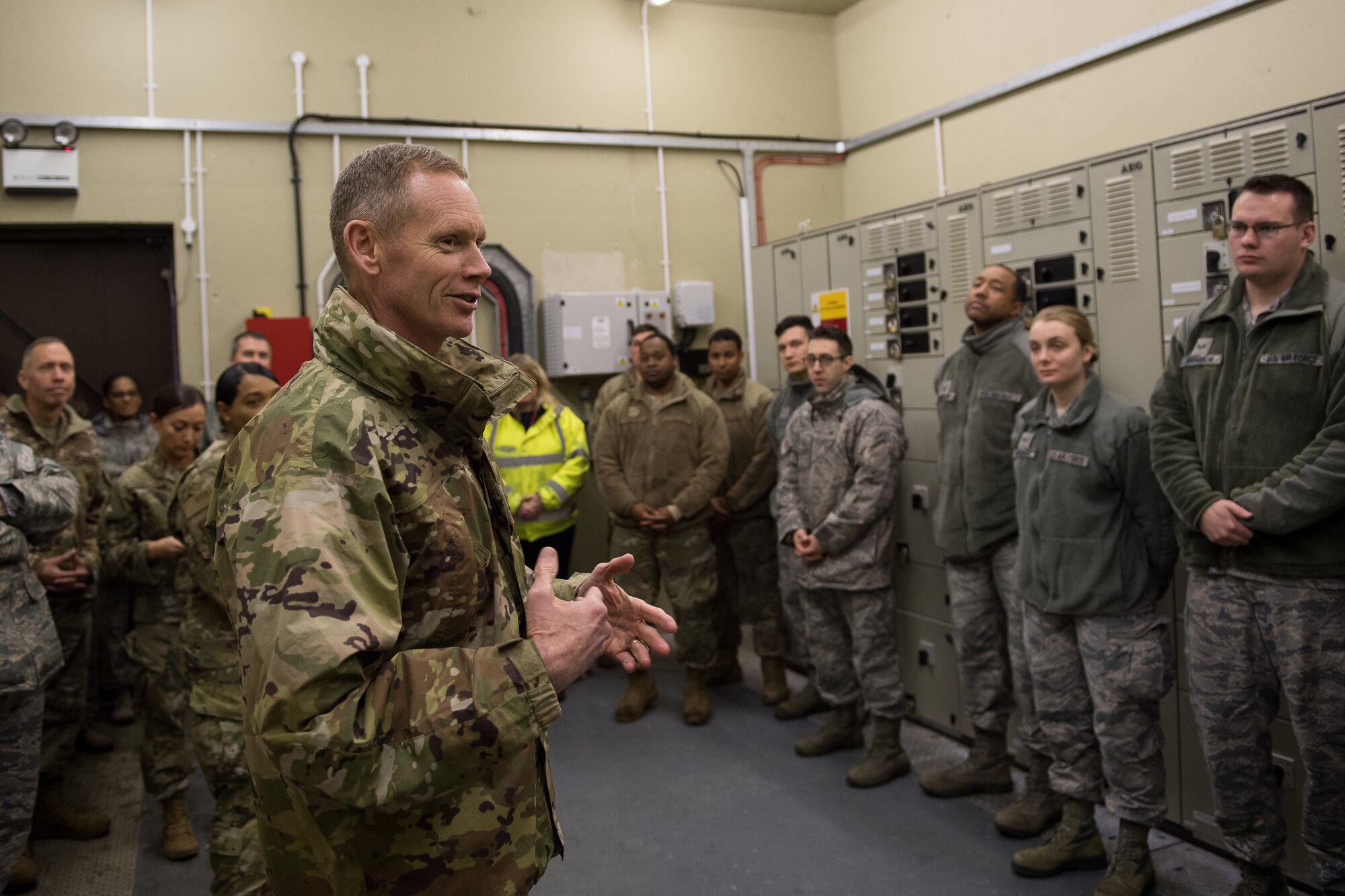 Maj. Gen. James Dawkins Jr., Eighth Air Force and Joint-Global Strike Operations Center commander, speaks with members of the Bomber Task Force logistics readiness team at RAF Fairford, England, April 4, 2019. Dawkins visited different sections of the base during U.S. Strategic Command’s Bomber Task Force in Europe to talk to Airmen and address any questions they had. (U.S. Air Force photo by Airman 1st Class Tessa B. Corrick)