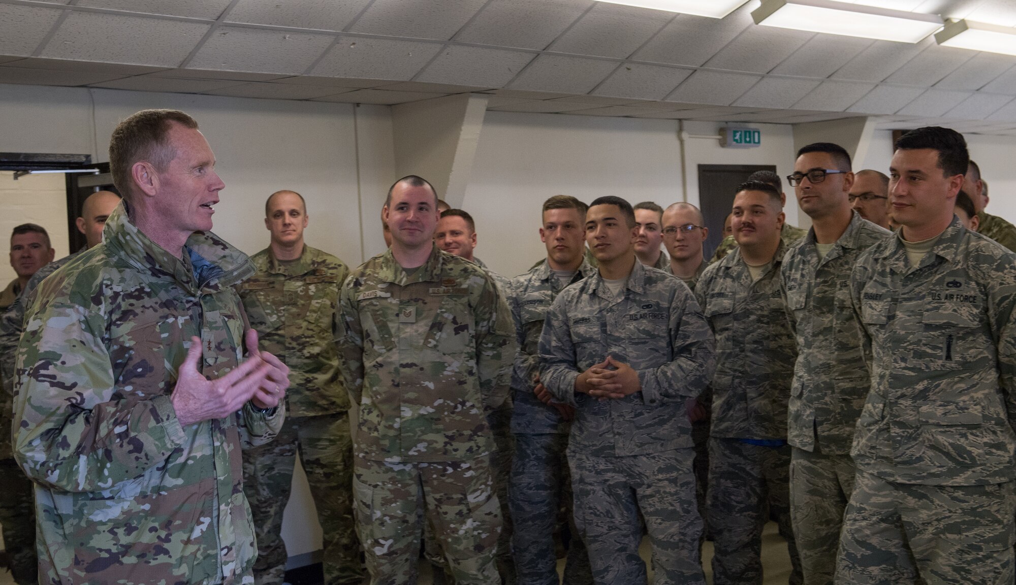 Maj. Gen. James Dawkins Jr., Eighth Air Force commander and Joint-Global Strike Operations Center commander, speaks with Airmen of the Bomber Task Force maintenance team at RAF Fairford, England, April 4, 2019. Dawkins visited more than 10 different facilities on base speaking with Airmen and getting a first-hand look at what Fairford has to offer. (U.S. Air Force photo by Airman 1st Class Tessa B. Corrick)