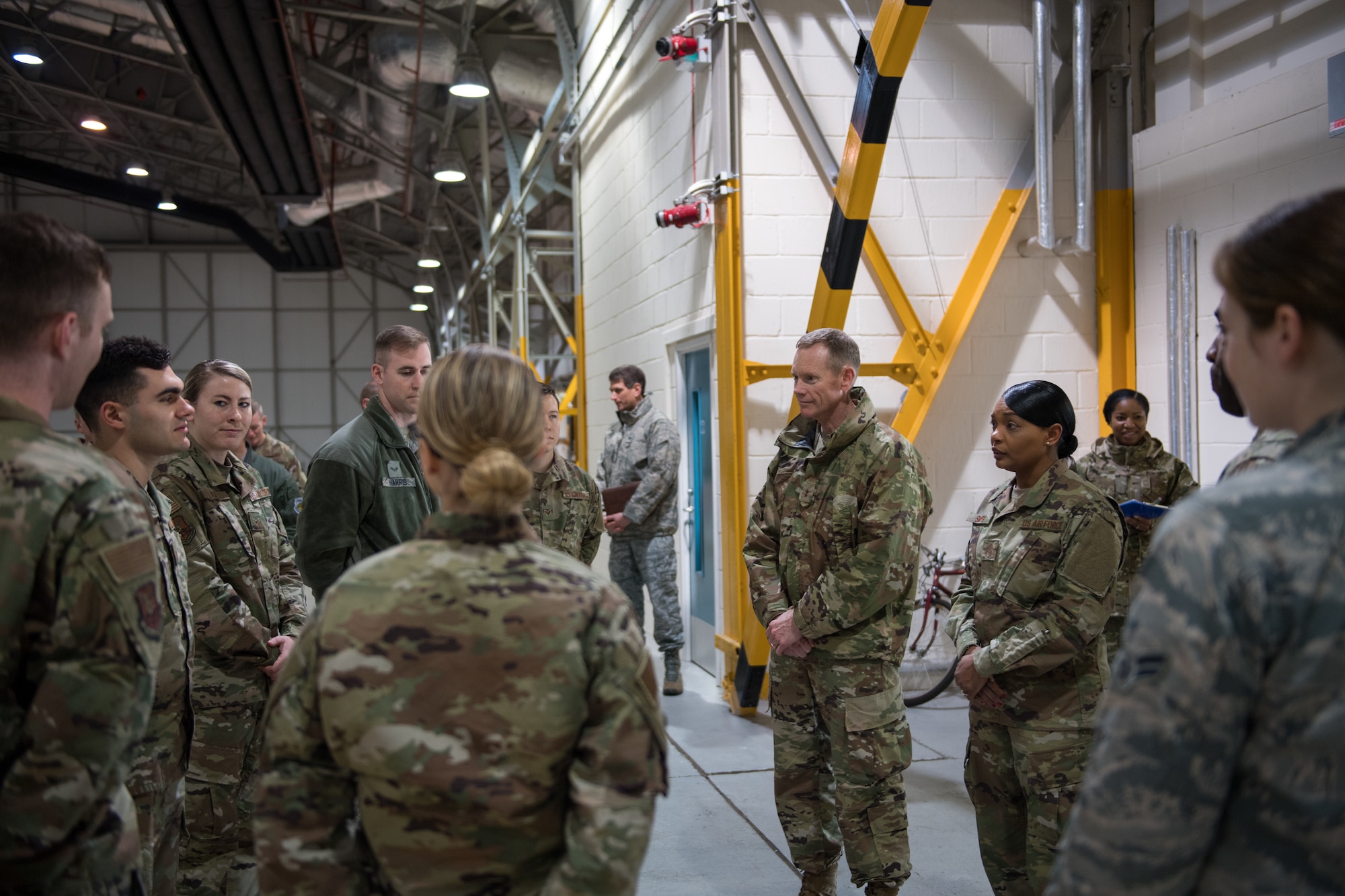 Airmen from the 2nd Operations Support Squadron deployed from Barksdale Air Force Base, La., brief Maj. Gen. James Dawkins Jr., Eighth Air Force and Joint-Global Strike Operations Center commander at RAF Fairford, England, April 4, 2019. The Airmen provided insights on how they successfully got their job done during the U.S. Strategic Command Bomber Task Force in Europe. (U.S. Air Force photo by Airman 1st Class Tessa B. Corrick)