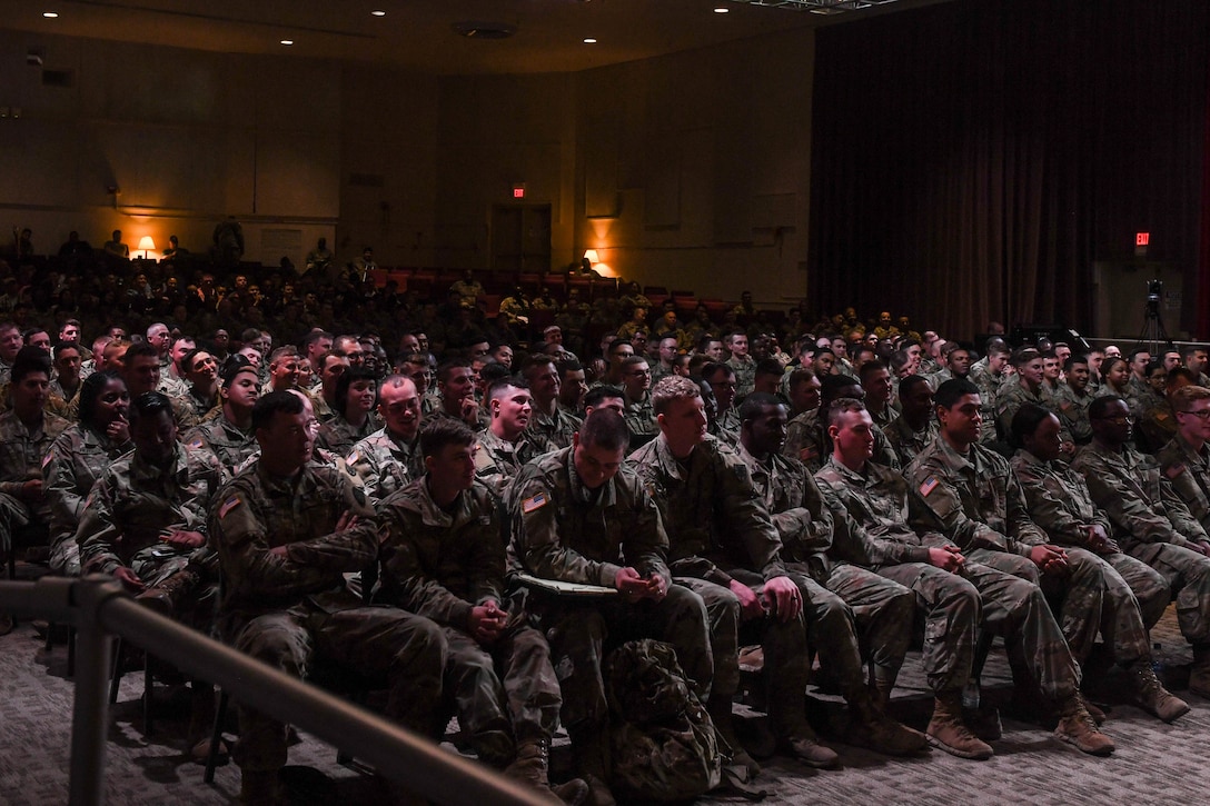 U.S. Army Soldiers attend a sexual assault theater performance at Joint Base Langley-Eustis, Virginia, April 12, 2019