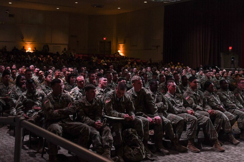 U.S. Army Soldiers attend a sexual assault theater performance at Joint Base Langley-Eustis, Virginia, April 12, 2019