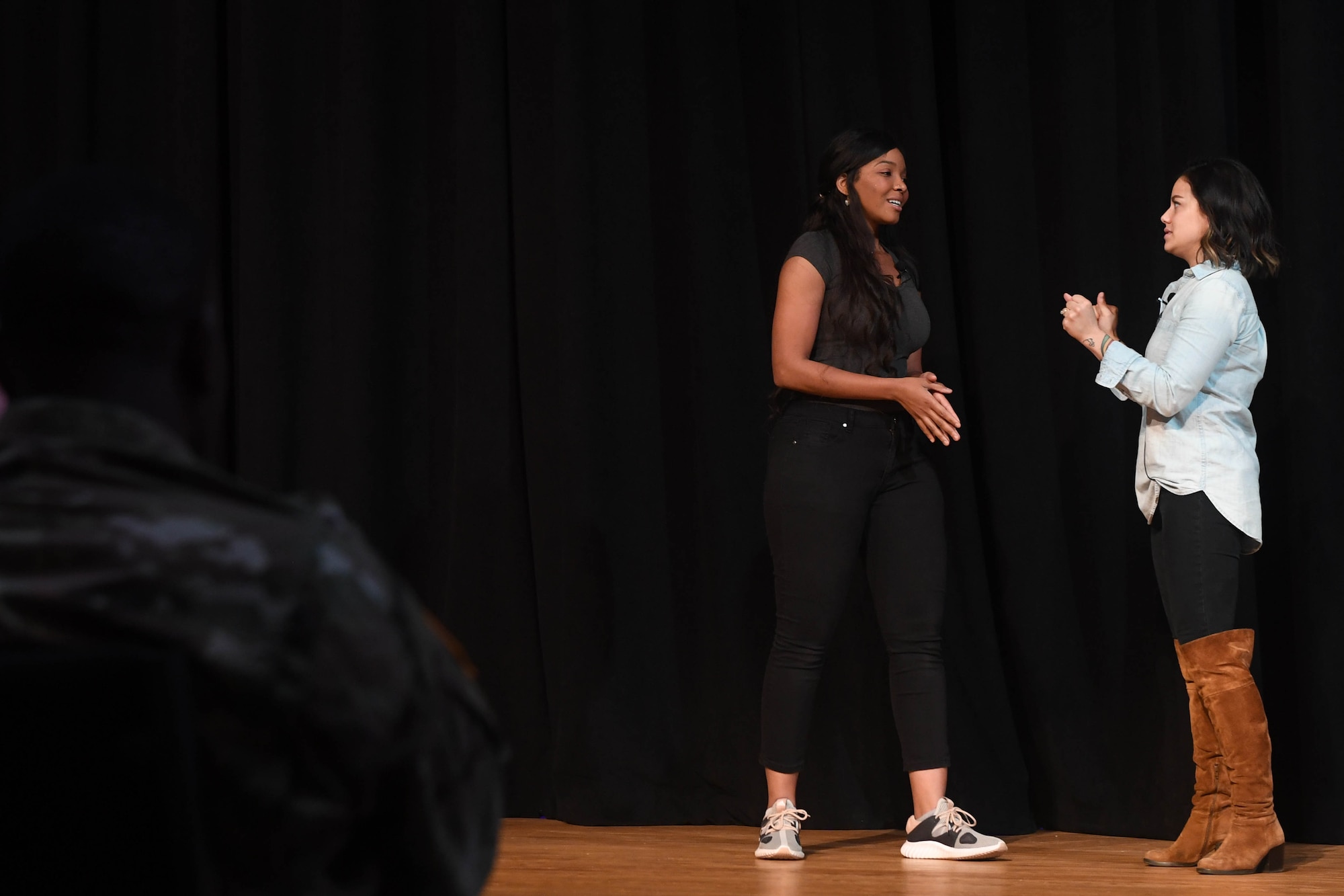 Members of the Pure Praxis Sexual Assault Theater Group perform at Joint Base Langley-Eustis, Virginia, April 12, 2019.