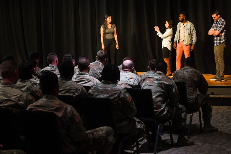 U.S. Army Soldiers watch a Pure Praxis Sexual Assault Theater Group performance at Joint Base Langley-Eustis, Virginia, April 12, 2019.