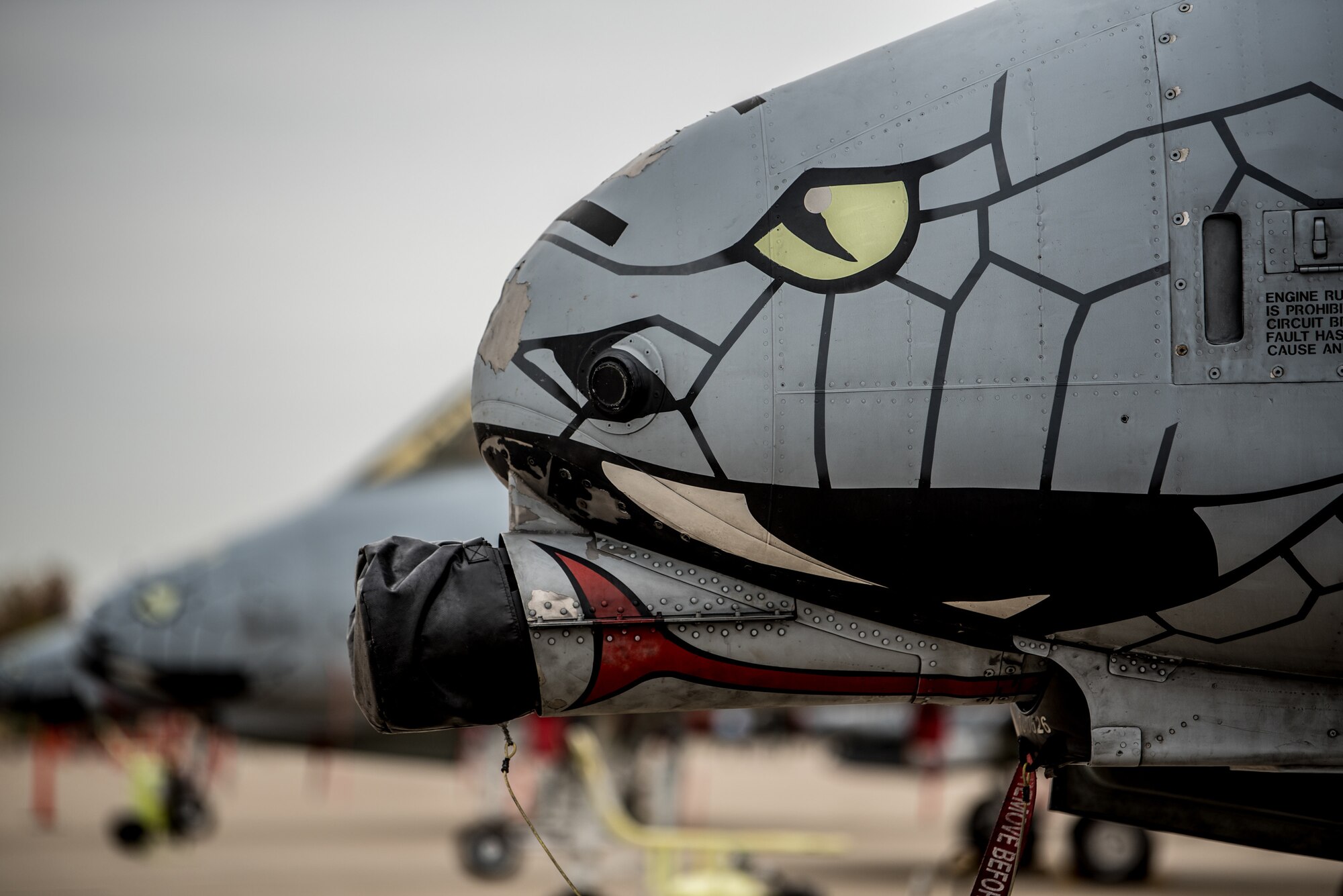 Nose art on an Indiana Air National Guard A-10 Thunderbolt II, shown here on the flight line of the Kentucky Air National Guard Base in Louisville, Ky., April 13, 2019, reflect’s the aircraft’s use as a close-air combat-support aircraft. The A-10 is one of more than two-dozen military aircraft participating in this year’s Thunder Over Louisville air show. (U.S. Air National Guard photo by Staff Sgt. Joshua Horton)