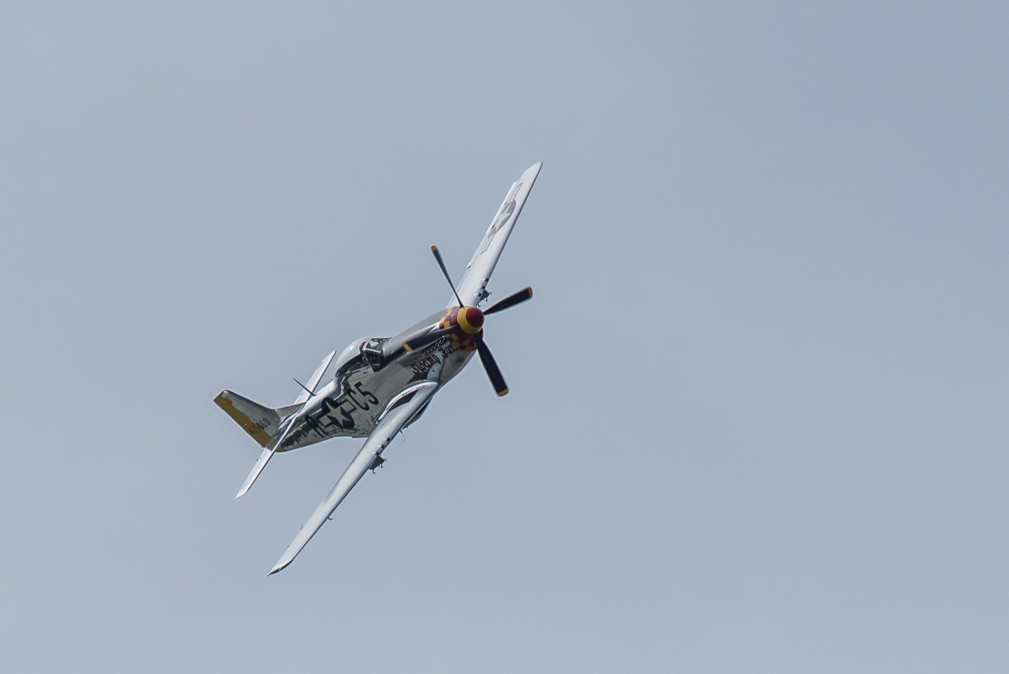 Swamp Fox, a P-51 Mustang aircraft flown by R.T. Dickson, performs an aerial demonstration April 13, 2019, in the annual Thunder Over Louisville airshow in Louisville, Ky. This exact aircraft, now restored, was once assigned to the Kentucky Air National Guard more than 60 years ago when the unit’s mission was aerial defense. (U.S. Air National Guard photo by Dale Greer)