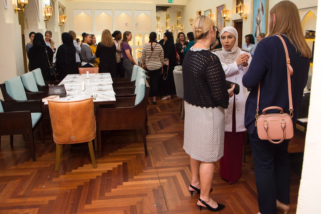 Women of the U.S. and Qatar Armed Forces talk during the second Women’s Networking Breakfast at March 20, 2019, in Doha, Qatar. The event was designed to give women from both militaries the opportunity to grow personally and professionally, learn about other cultures, share military experiences, and build relationships.