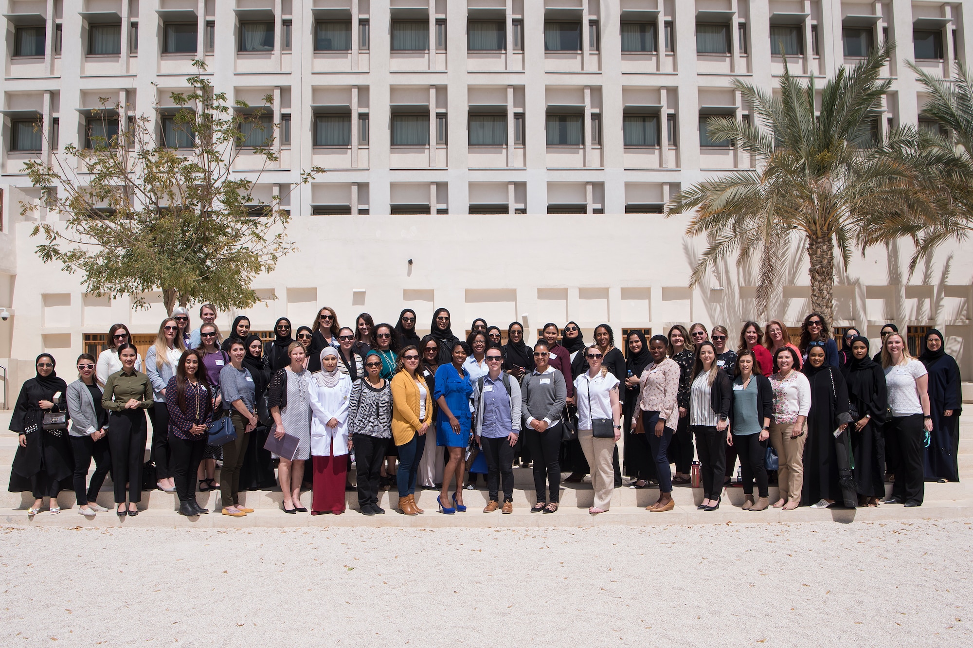 Women of the U.S. and Qatar Armed Forces stand for a photo during the second Women’s Networking Breakfast March 20, 2019, in Doha, Qatar. The event was designed to give women from both militaries the opportunity to grow personally and professionally, learn about other cultures, share military experiences, and build relationships. (U.S. Air Force photo by Tech. Sgt. Christopher Hubenthal)
