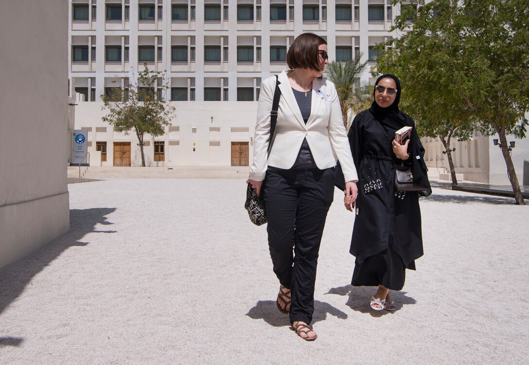Capt. Meghan Cummings, left, 379th Air Expeditionary Wing deputy chief of wing plans and programs, talks with Qatar Emiri Air Force Lt. Hind Bajidaph, executive officer to the Qatar Emiri Air Force commander, during the second Women’s’ Networking Breakfast March 20, 2019, in Doha, Qatar. The event was designed to give women from both militaries the opportunity to grow personally and professionally, learn about other cultures, share military experiences, and build relationships. (U.S. Air Force photo by Tech. Sgt. Christopher Hubenthal)