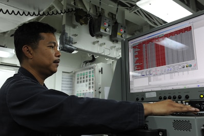 120710-N-ZZ999-004
PACIFIC OCEAN (July 8, 2012) A Sailor assigned to the Arleigh Burke-class guided-missile destroyer USS Chafee (DDG 90) uses the ship's shipboard energy dashboard during the Great Green Fleet demonstration portion of Rim of the Pacific (RIMPAC) 2012. The dashboard provides real-time situational awareness of energy demand associated with equipment, which allows the crew to minimize a ship's energy consumption and increase its efficiency while meeting system performance and reliability requirements. In 2009, Secretary of the Navy Ray Mabus announced five aggressive energy goals to reduce the Department of Navy's consumption of energy, decrease its reliance on foreign sources of oil, and significantly increase its use of alternative energy. One of the five energy goals is to demonstrate and then deploy a 