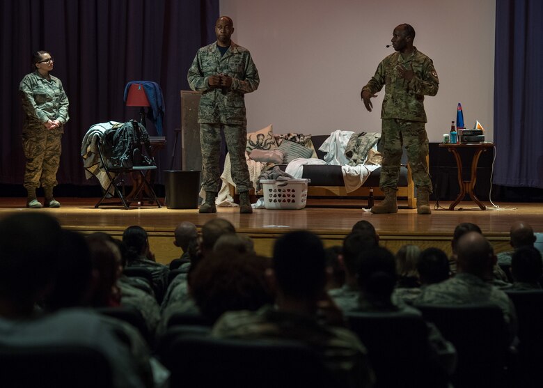 The Sexual Assault Theater Group answers questions from the audience after a performance at Joint Base Langley-Eustis, Virgina, April 12, 2019.
