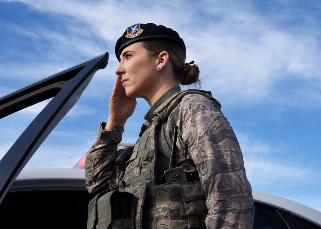 Airman 1st Class Abigail Biever, 56th Security Forces Squadron team member, renders a salute during the national anthem April 11, 2019, at Luke Air Force Base Ariz.