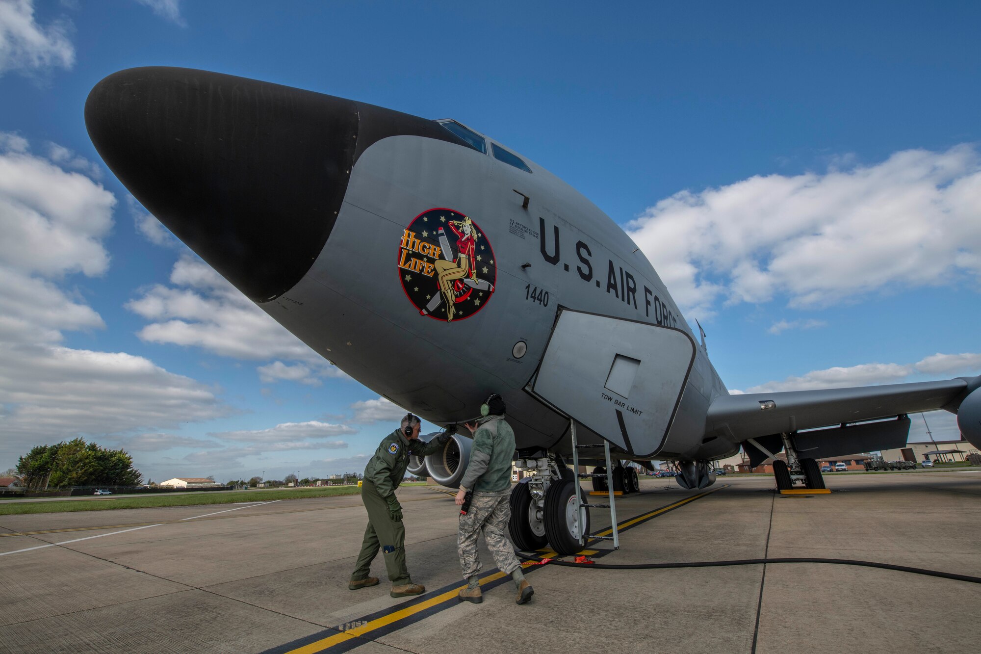 U.S. Air Force Airman 1st Class Chandra Beratto, 100th Aircraft Maintenance Squadron crew chief, and U.S. Air Force Maj. Michael Goodwin, 351st Air Refueling Squadron aircraft commander, inspect and prepare a KC-135 Stratotanker prior to takeoff at RAF Mildenhall, England, April 10, 2019. Crew chiefs are responsible for maintaining aircraft and ensuring that they are ready to fly at a moment’s notice. (U.S. Air Force photo by Senior Airman Luke Milano)