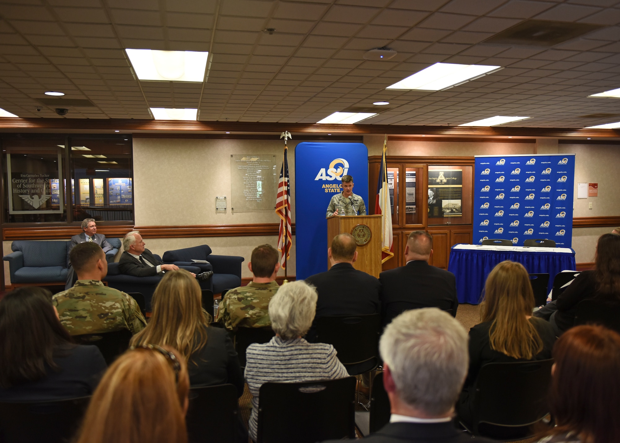 U.S. Air Force Col. Thomas Coakley, 17th Training Group commander, addresses those in attendance of the Memorandum of Understanding signing, which allows 14N professionals to transfer 12 credit hours toward two master’s degree through Angelo State University at ASU, Texas, April 15, 2019. Over 115 14N professionals have transferred credits from Goodfellow courses to one of the ASU’s programs and over 60 have completed their master’s degree. (U.S. Air Force photo by Airman 1st Class Zachary Chapman/Released)