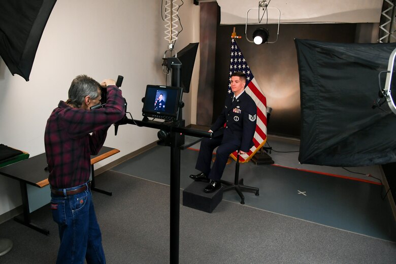 Technical Sgt. Justin Goodwin, 368th Recruiting Squadron, during an official portrait session with base photographer Todd Cromar April 16, 2019, at Hill Air Force Base, Utah. Photo studio appointments at Hill AFB are now booked online at www.hill.af.mil. (U.S. Air Force by Cynthia Griggs)
