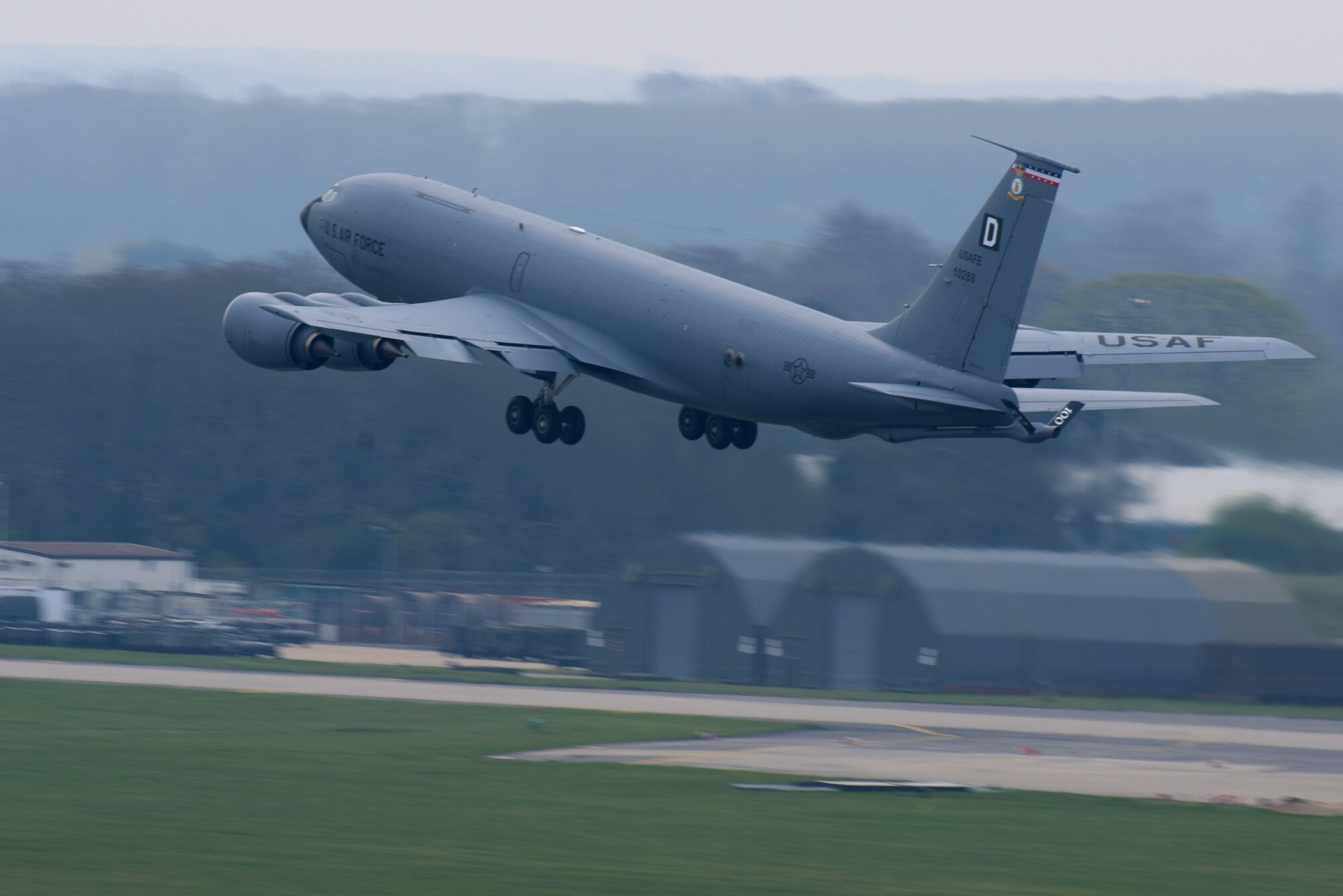 A U.S. Air Force KC-135 Stratotanker from the 100th Air Refueling Wing takes off at RAF Mildenhall, England, April 16, 2019. The Statotanker is one of the oldest models of aircraft still in use by the Air Force. (U.S. Air Force photo by Senior Airman Benjamin Cooper