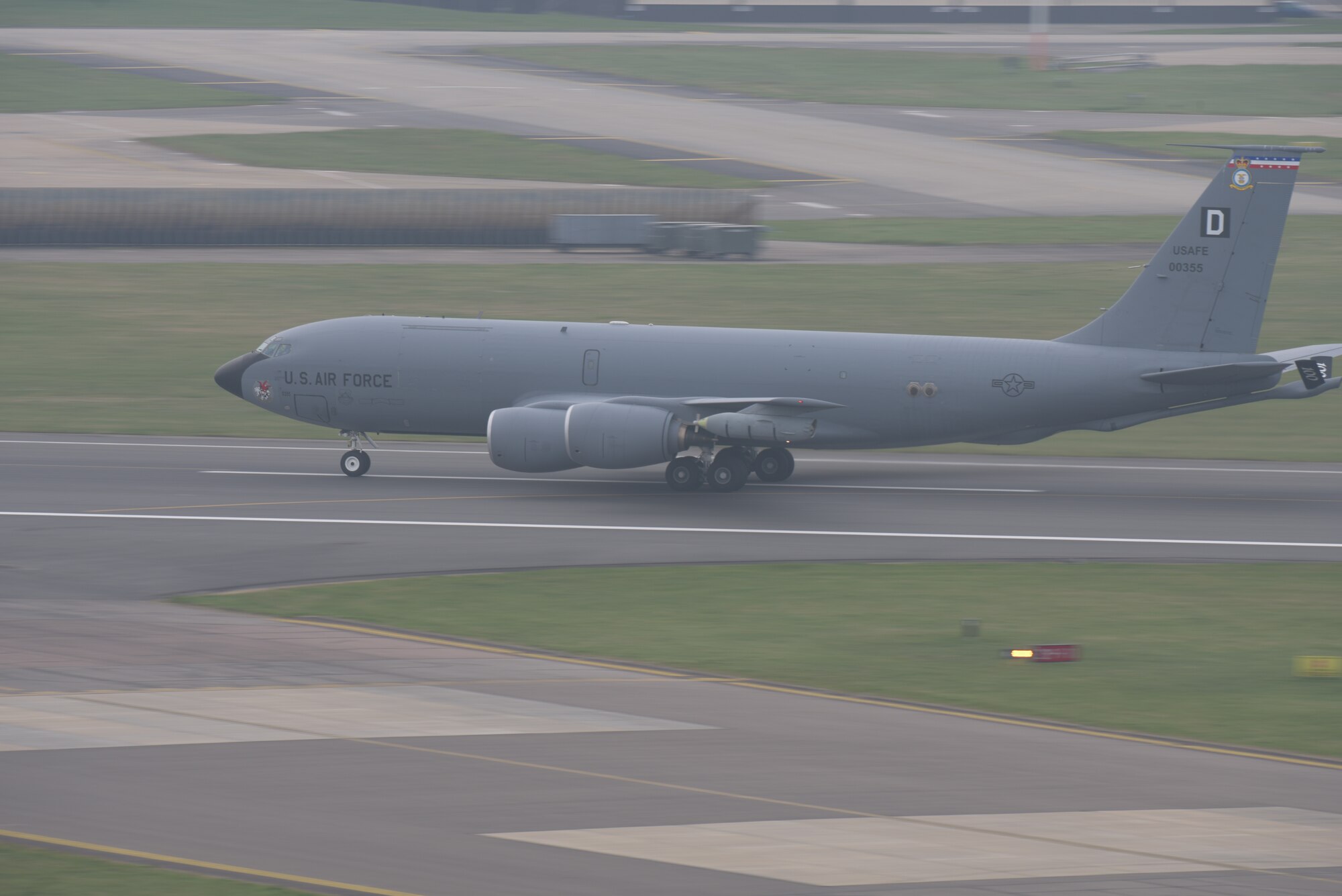 A U.S. Air Force KC-135 Stratotanker from the 100th Air Refueling accelerates down the runway at RAF Mildenhall, England, April 16, 2019. The Stratotanker’s primary function is in-flight refueling, but it can also carry cargo or be outfitted for aeromedical transport. (U.S. Air Force photo by Senior Airman Benjamin Cooper)