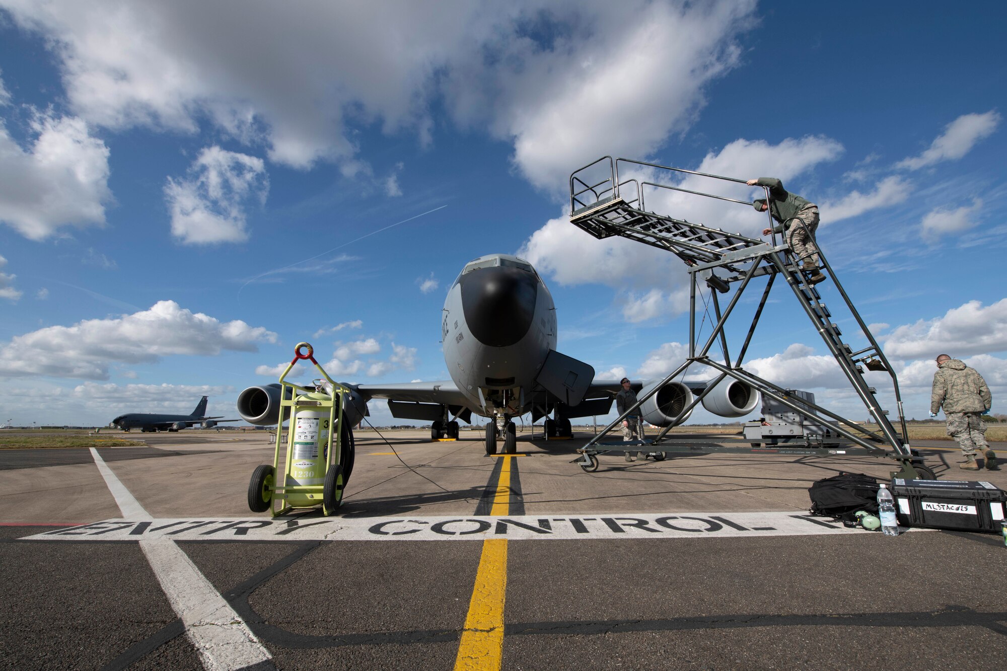 U.S. Air Force crew chiefs from the 100th Aircraft Maintenance Squadron conduct a preflight inspection on a KC-135 Stratotanker at RAF Mildenhall, England, March 5, 2019. Preflight inspections are conducted after recovering a KC-135 to ensure the aircraft are ready to fly again. (U.S. Air Force photo by Senior Airman Luke Milano)